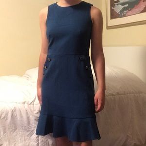Teal midi dress with buttons and ruffle